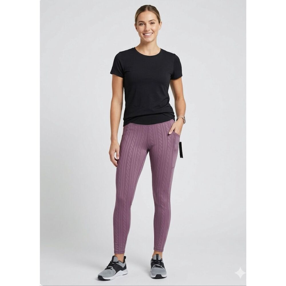NWT Tahari Sport Cable Knit Print Leggings Mauve Purple High Rise Pockets L